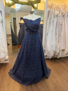 Navy Off-Shoulder Glitter Sparkle Evening Gown